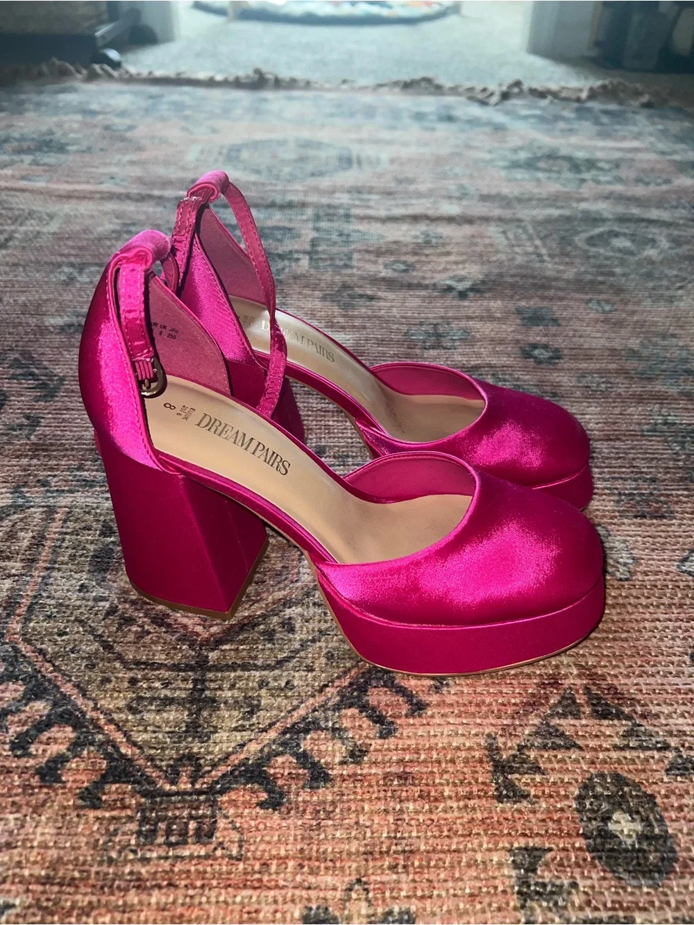 Dream Pairs Satin Magenta Platform Block Heel Sandals